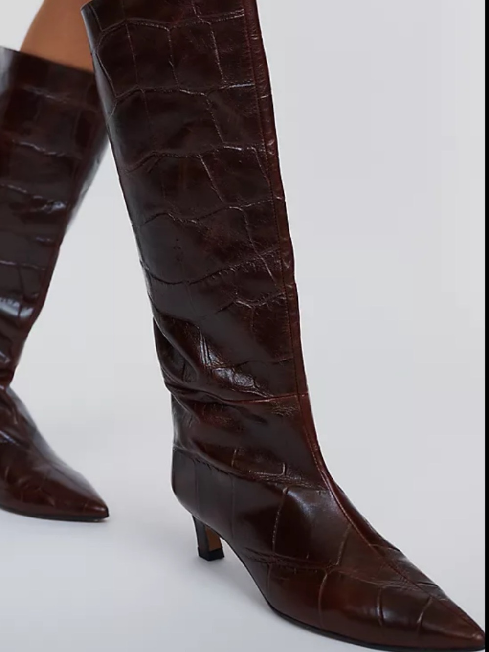 High-quality leather Knee-High Croc-Embossed Pointed Toe Boots in Dark wine